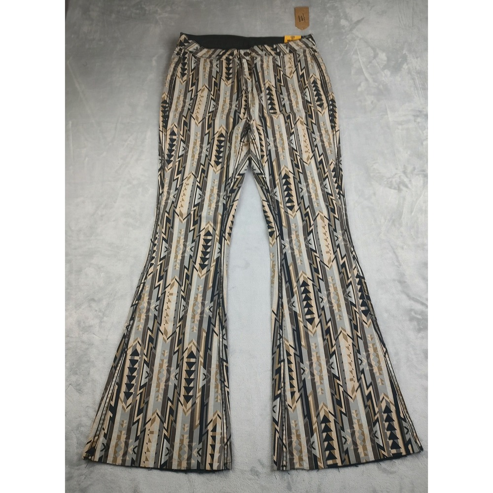 Rock & Roll Denim Bargain Button Flare Jeans 33x34 Geometric Print High Rise - Picture 2 of 11